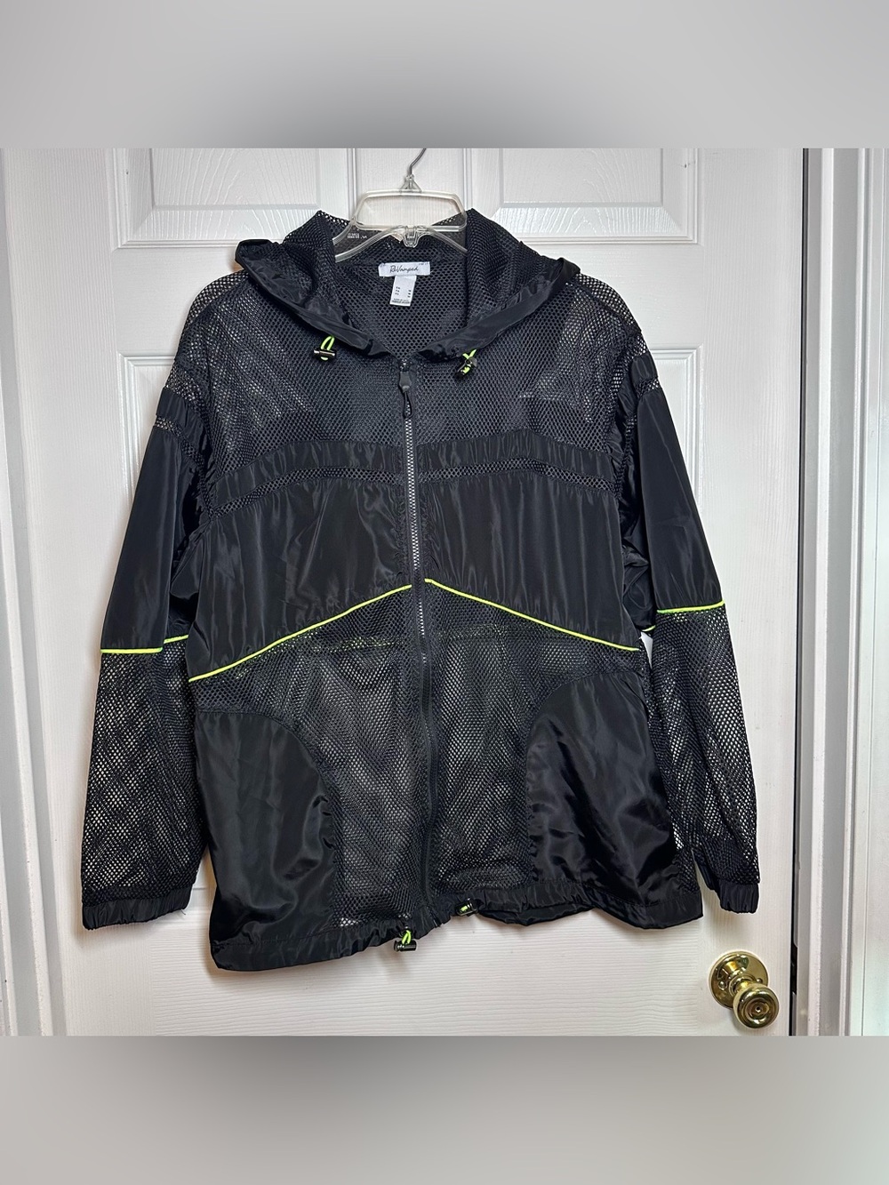 Revamped Women's Hooded Black Mesh Jacket With Green Neon Detail Size M